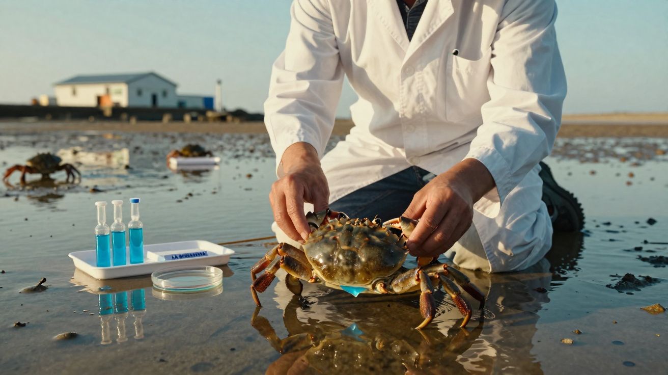 Cientista em fato branco segura caranguejo na maré baixa, com frascos e placa de Petri na lama.