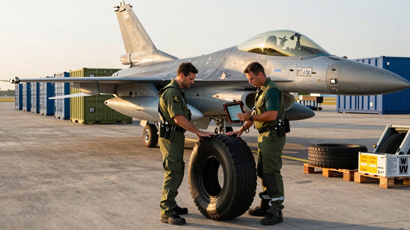 Dois militares em uniforme verde verificam um pneu junto a um caça estacionado numa pista de aeroporto.
