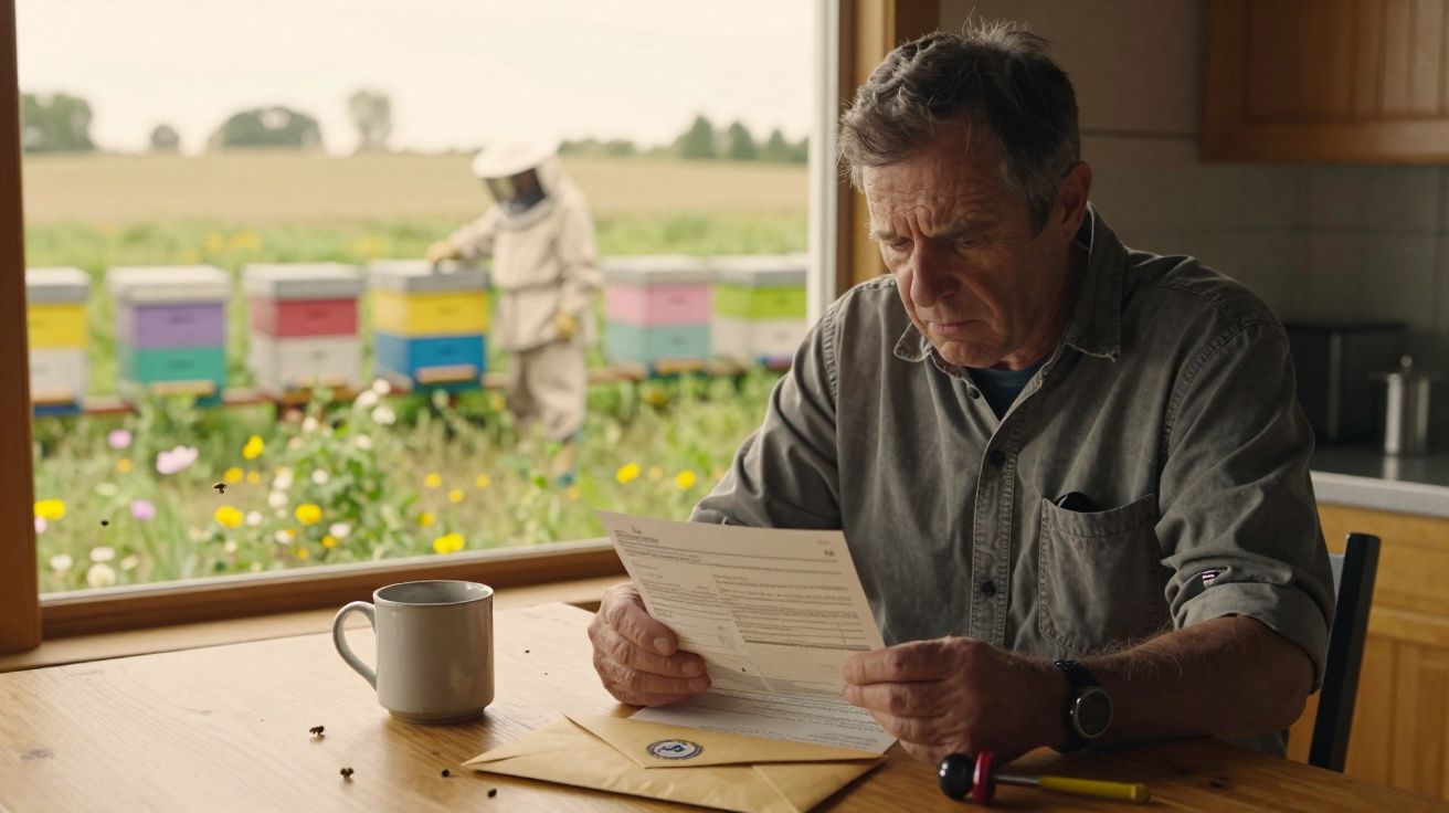 Homem sentado a ler uma carta numa mesa, com copos de mel e apicultor a trabalhar no campo ao fundo.