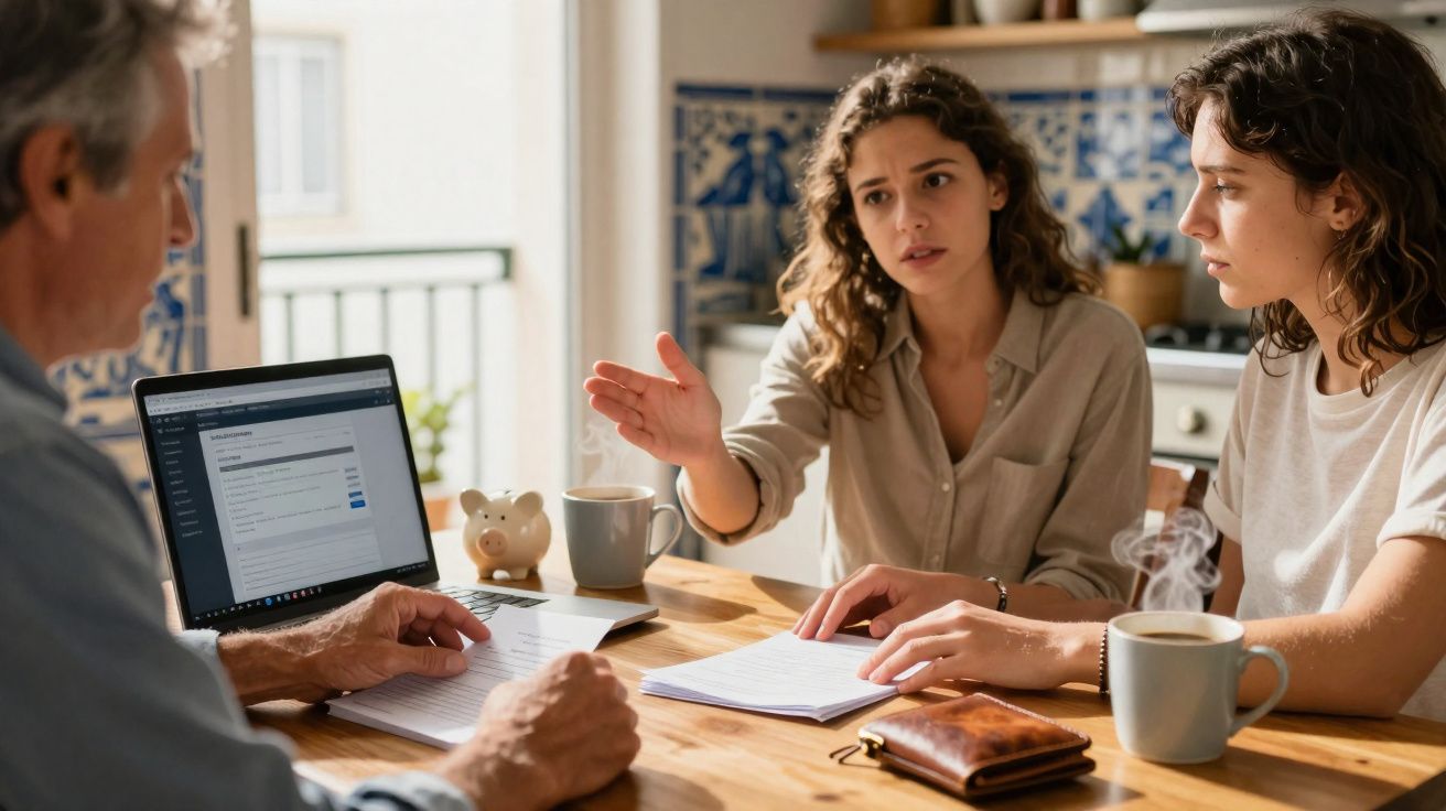 Duas jovens discutem documentos com homem numa mesa de cozinha, com computador, notas e caneca fumegante.