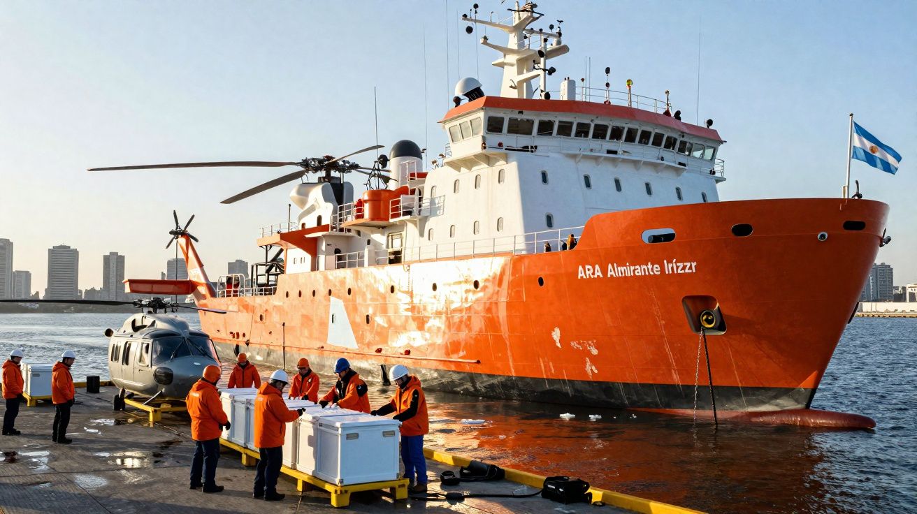Tripulação em jaquetas laranjas descarregando caixas junto a navio de pesquisa naval ARA Almirante Irizar e helicóptero.