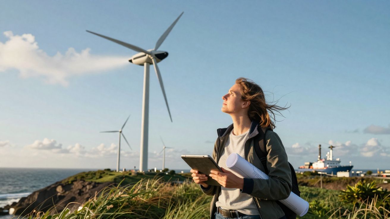 Mulher com tablet e plantas nas mãos observa turbinas eólicas junto ao mar num dia de céu limpo.