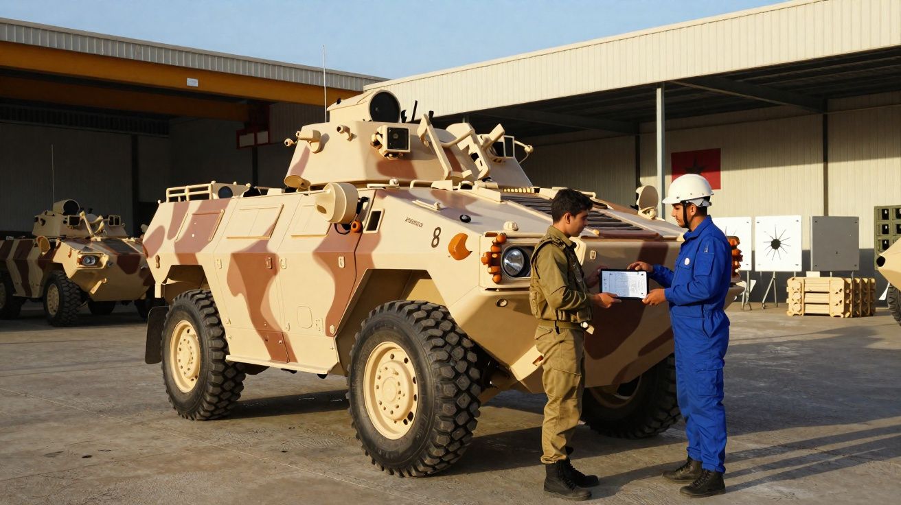 Duas pessoas junto a um veículo blindado militar bege com padrões camuflados numa área industrial.