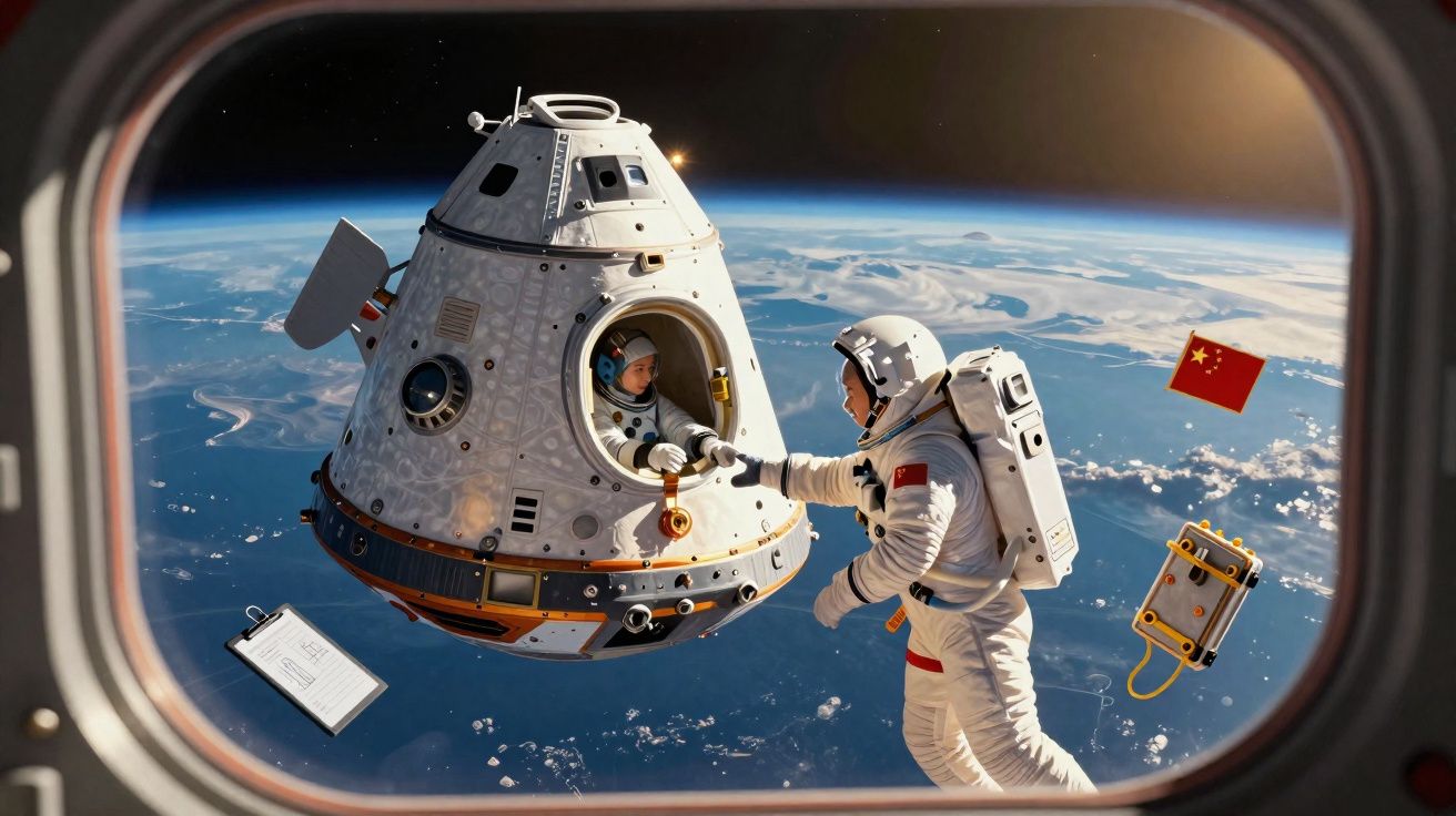 Astronauta chinês no espaço a tocar a mão de colega dentro de cápsula com a Terra ao fundo.