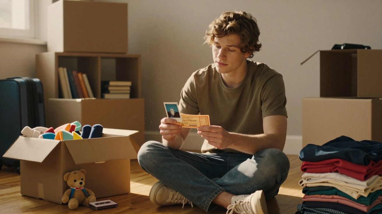 Jovem sentado no chão entre caixas abertas, a olhar atentamente para uma fotografia e um bilhete.