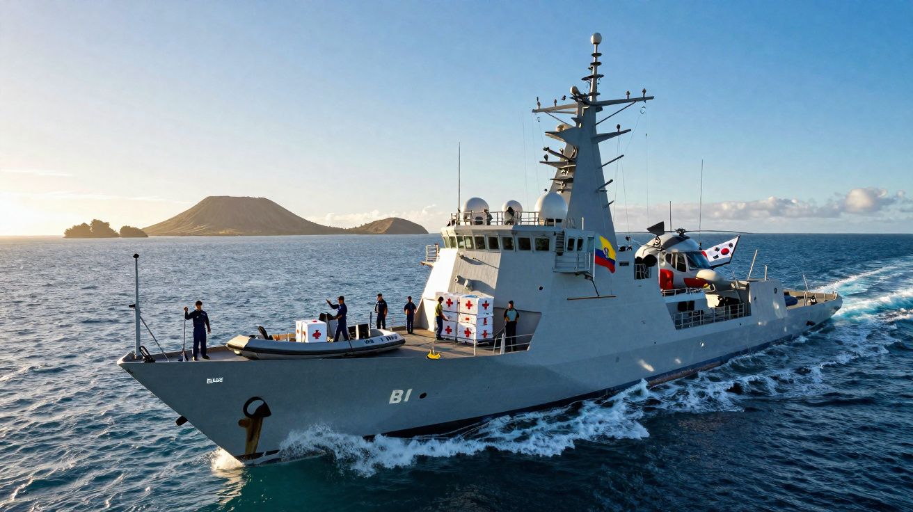 Navio naval com bandeiras do Equador e Coreia do Sul transporta ajuda humanitária no mar perto de ilhas vulcânicas.