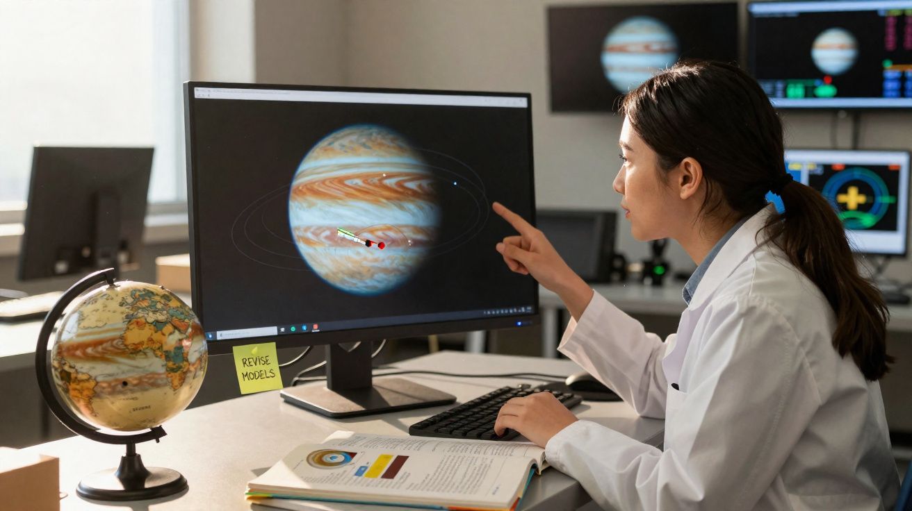 Mulher cientista a estudar uma imagem digital do planeta Júpiter num computador de secretária.