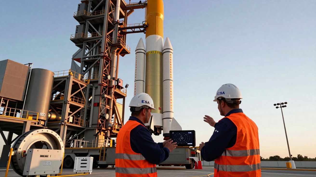 Dois técnicos com coletes e capacetes da ESA operam equipamento perto de um foguetão na plataforma de lançamento.