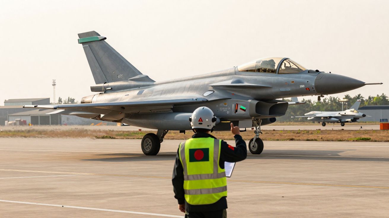 Avião de caça cinzento taxiando na pista com assistente em colete amarelo a sinalizar em aeroporto militar.