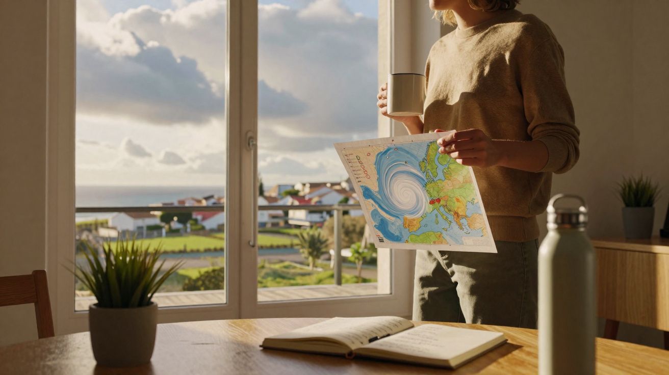 Pessoa em pé junto a janela segura mapa meteorológico e caneca, com mesa, livro aberto e plantas visíveis na sala.