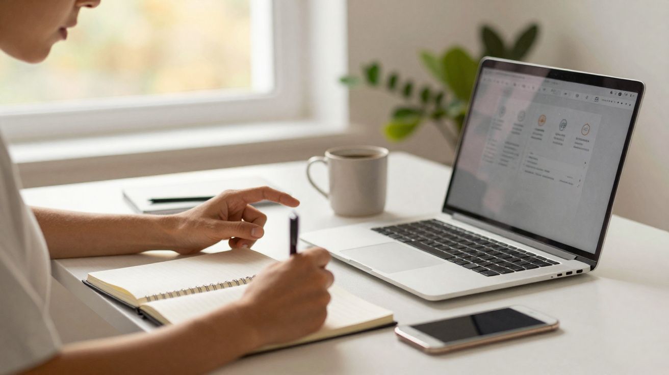 Pessoa a escrever num caderno com portátil, smartphone e caneca numa mesa perto de uma janela iluminada.