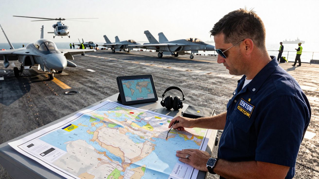 Militar a planear rota numa bandeja com mapas no convés de porta-aviões com caças e helicóptero ao fundo.