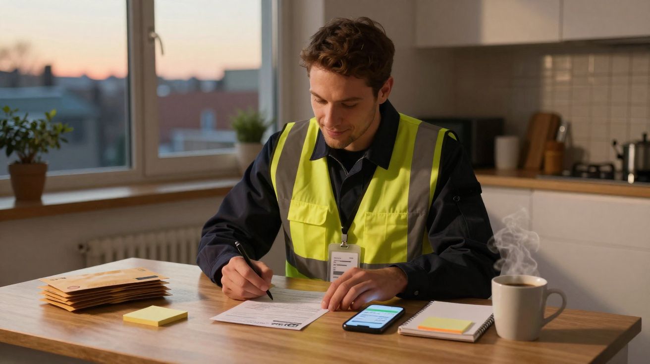 Homem com colete refletor a preencher formulário numa mesa com telefone e café fumegante.