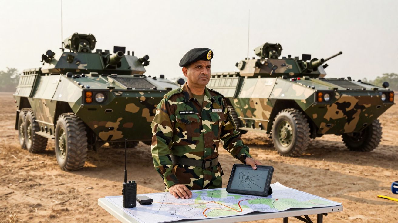 Soldado em uniforme camuflado com tablet e mapa numa mesa, com dois veículos militares blindados ao fundo.