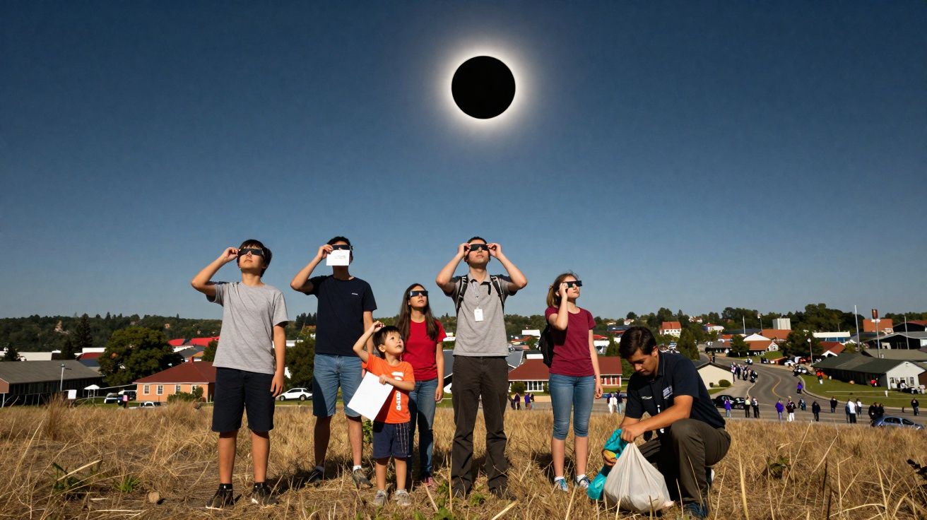 Grupo de pessoas de óculos a observar eclipse solar total em campo aberto com céu limpo.