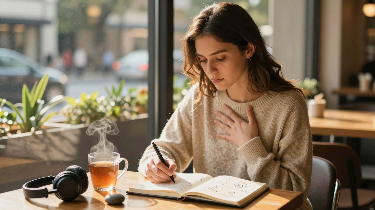 Jovem mulher escreve num caderno num café, com chá e auscultadores sobre a mesa junto à janela.