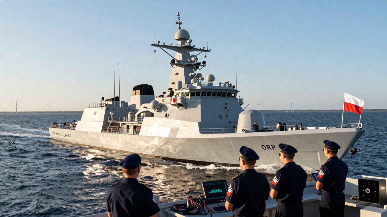 Navio de guerra polaco ORP com tripulação a bordo no mar durante o dia claro.
