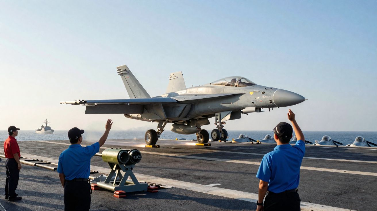 Avião de caça a descolar do convés de um porta-aviões com tripulação a sinalizar no convés.