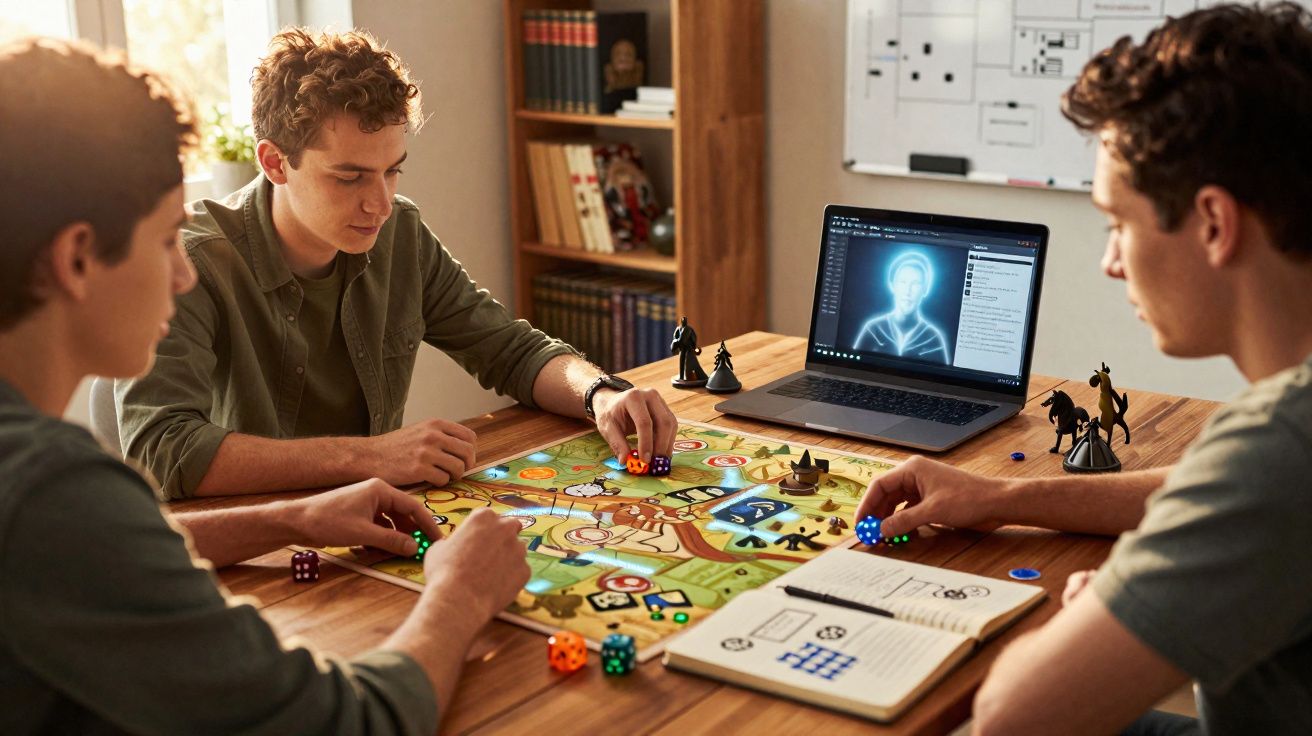 Três jovens a jogar um jogo de tabuleiro em mesa com dados, peças e um computador portátil aberto.