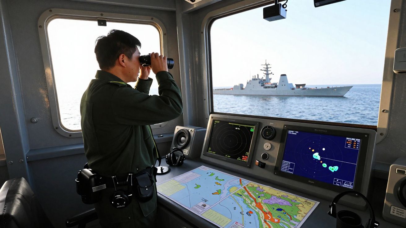 Militar observa um navio de guerra através de binóculos numa sala de controlo marítimo com radar e mapas.