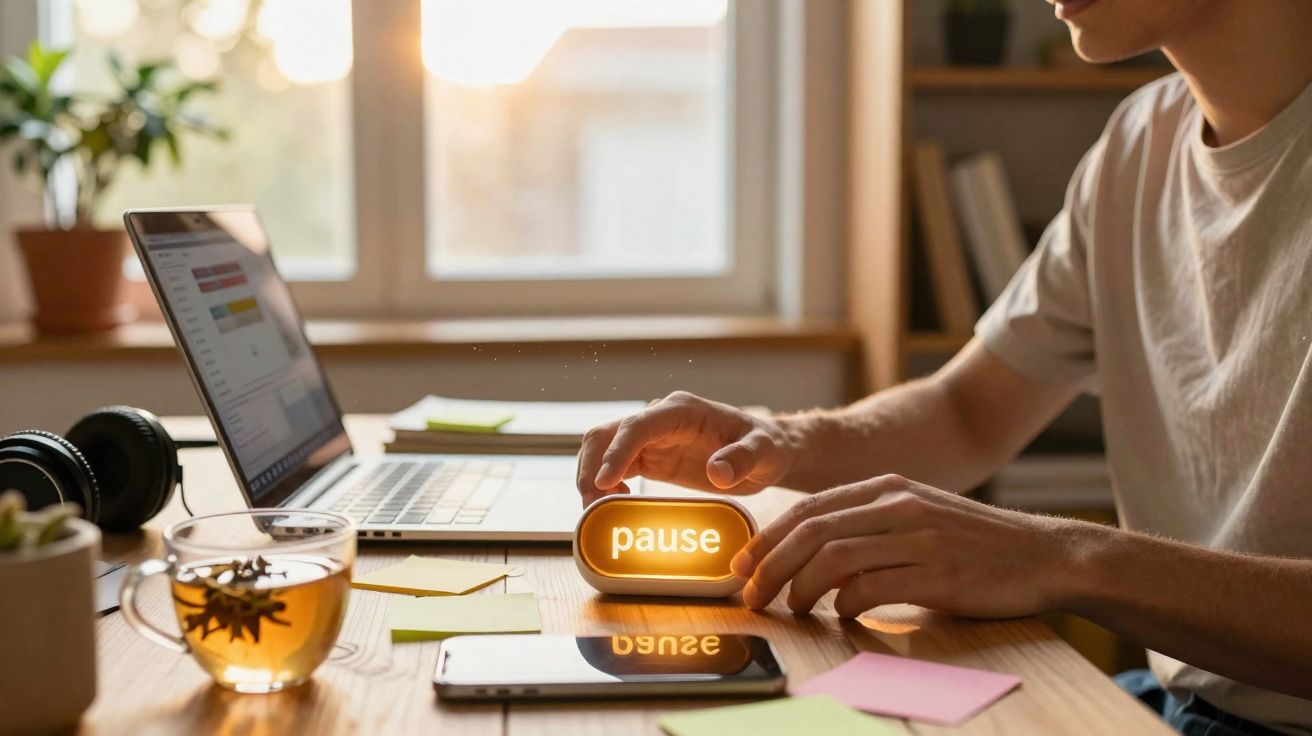 Pessoa a usar botão iluminado com palavra "pause" numa mesa com computador, chá e notas coloridas.