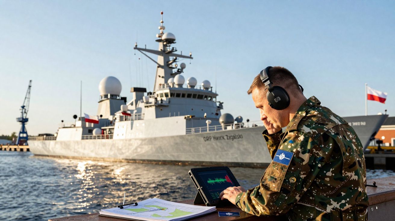 Militar com fones de ouvido usa tablet junto a mapas no cais com navio de guerra moderno ao fundo.