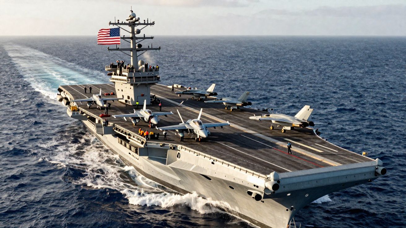 Porta-aviões militar dos EUA em alto mar com aviões de combate no convés e tripulação visível.