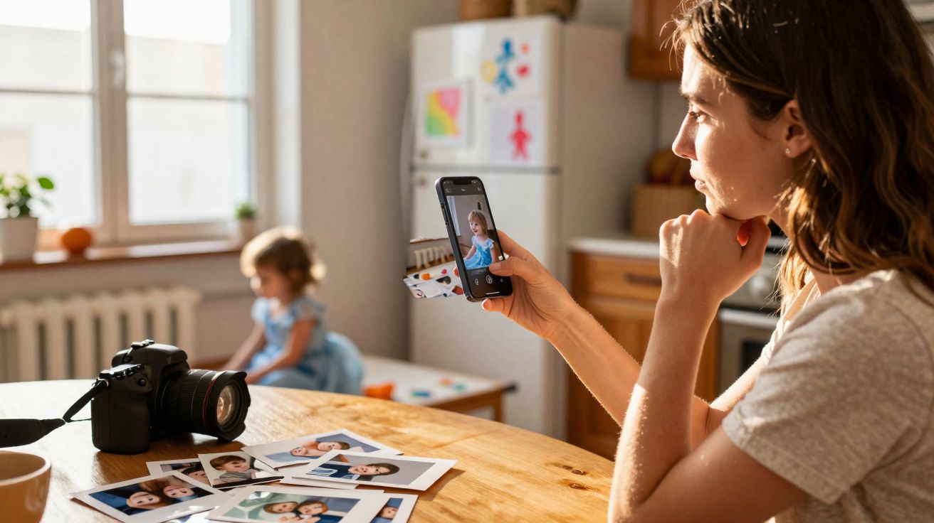 Mulher a tirar foto de criança em sala iluminada, com fotos impressas e máquina fotográfica na mesa de madeira.