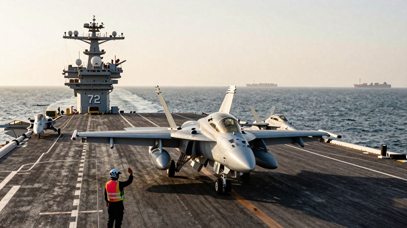 Porta-aviões com vários aviões de combate estacionados no convés, com mar e navios ao fundo.