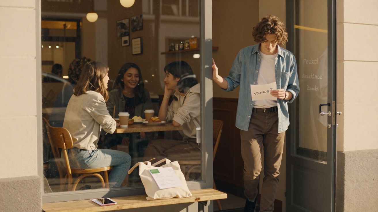 Jovem com papel na mão saindo de café onde três amigas conversam sentadas à mesa.
