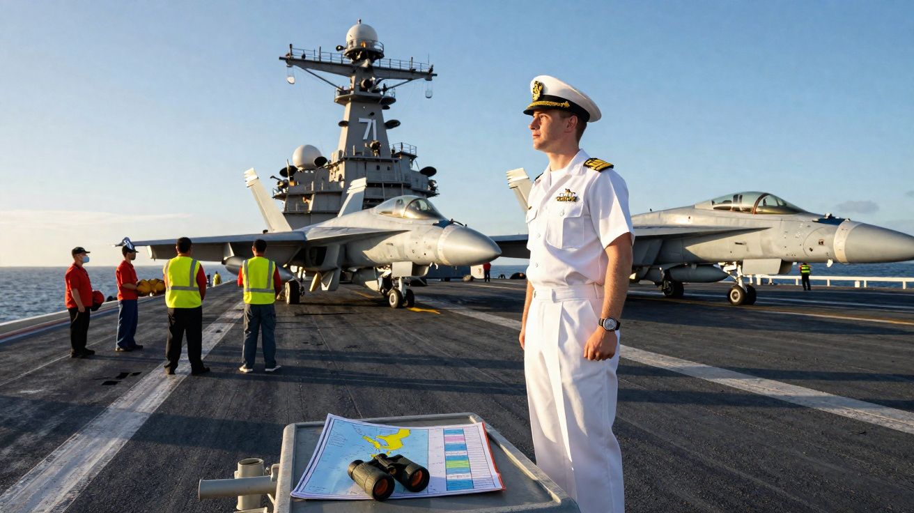 Oficial naval em uniforme branco no convés de porta-aviões com aviões de combate e tripulação ao fundo.