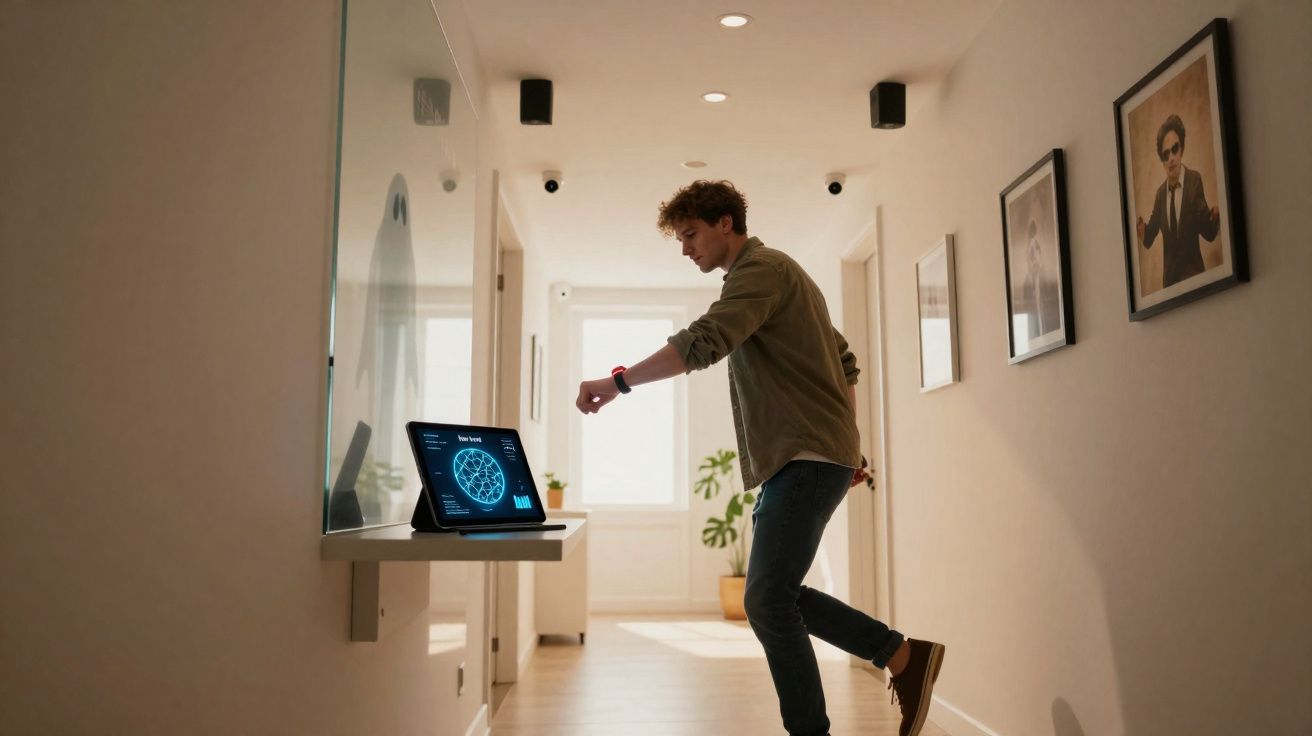 Jovem numa casa suspende uma perna a olhar para um tablet com gráficos num corredor iluminado.