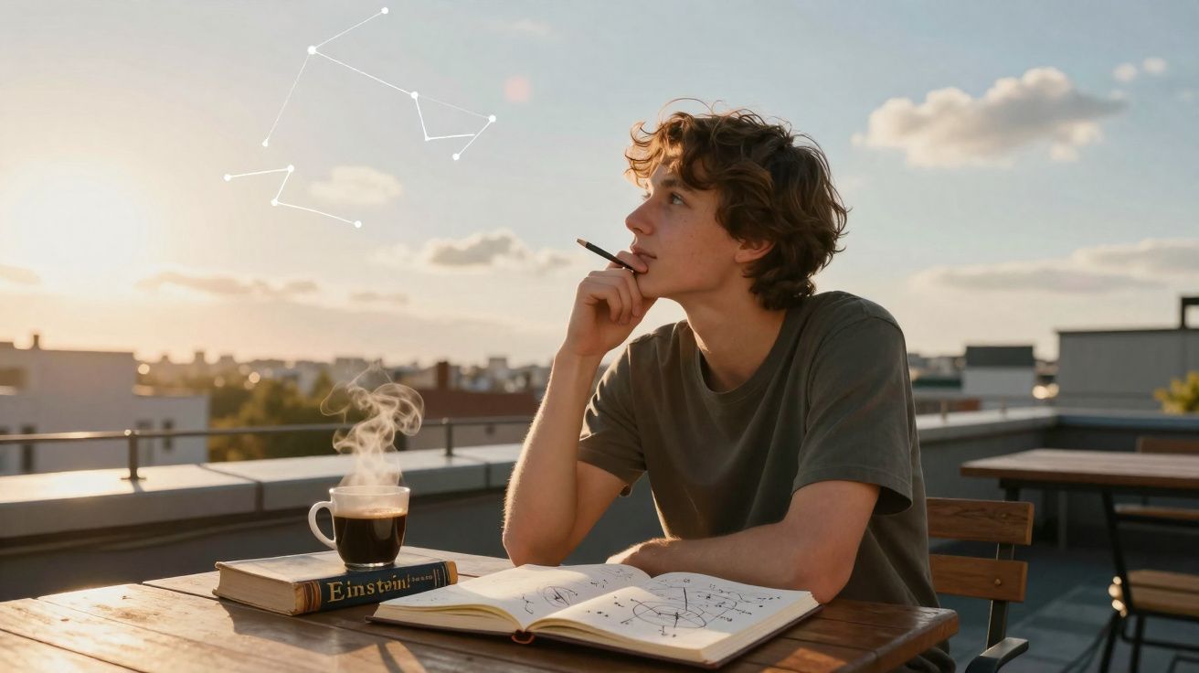 Jovem sentado numa esplanada a estudar constelações, com chá fumegante e livro sobre Einstein.