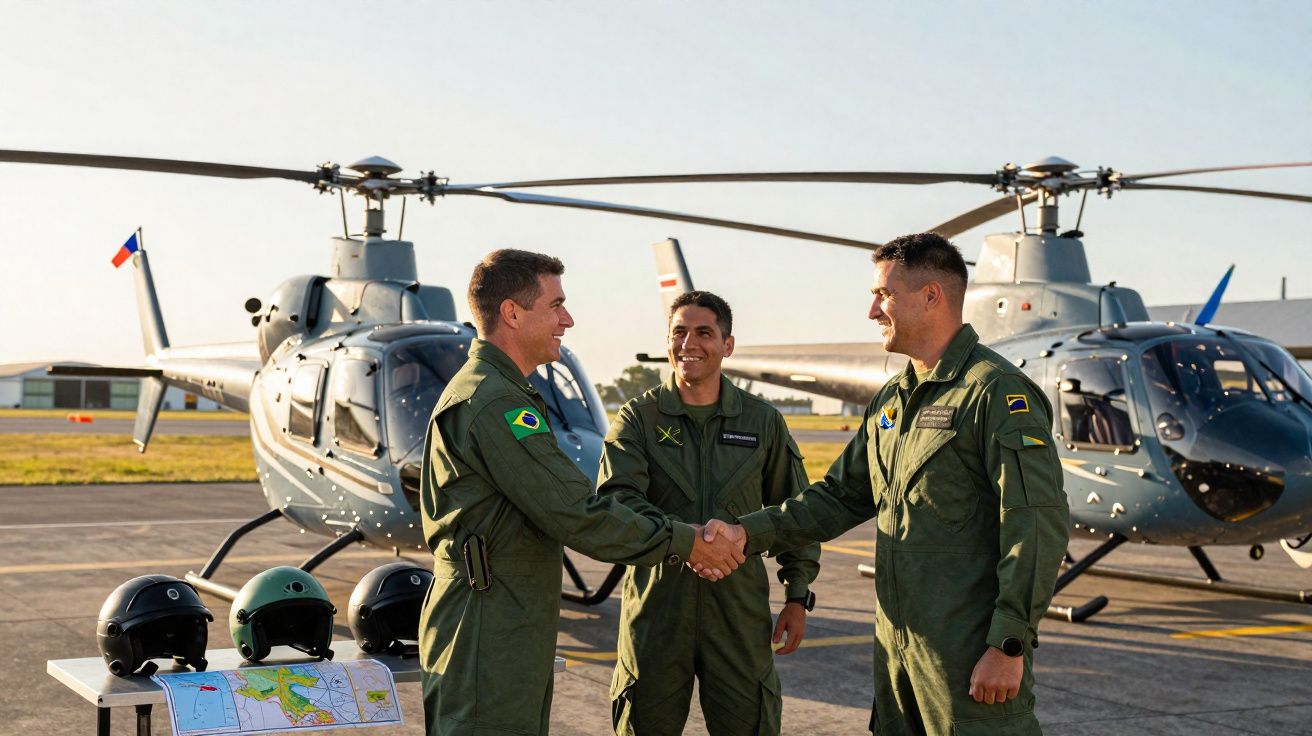 Três pilotos militares em uniforme verde apertam as mãos junto a dois helicópteros estacionados no campo de aviação.