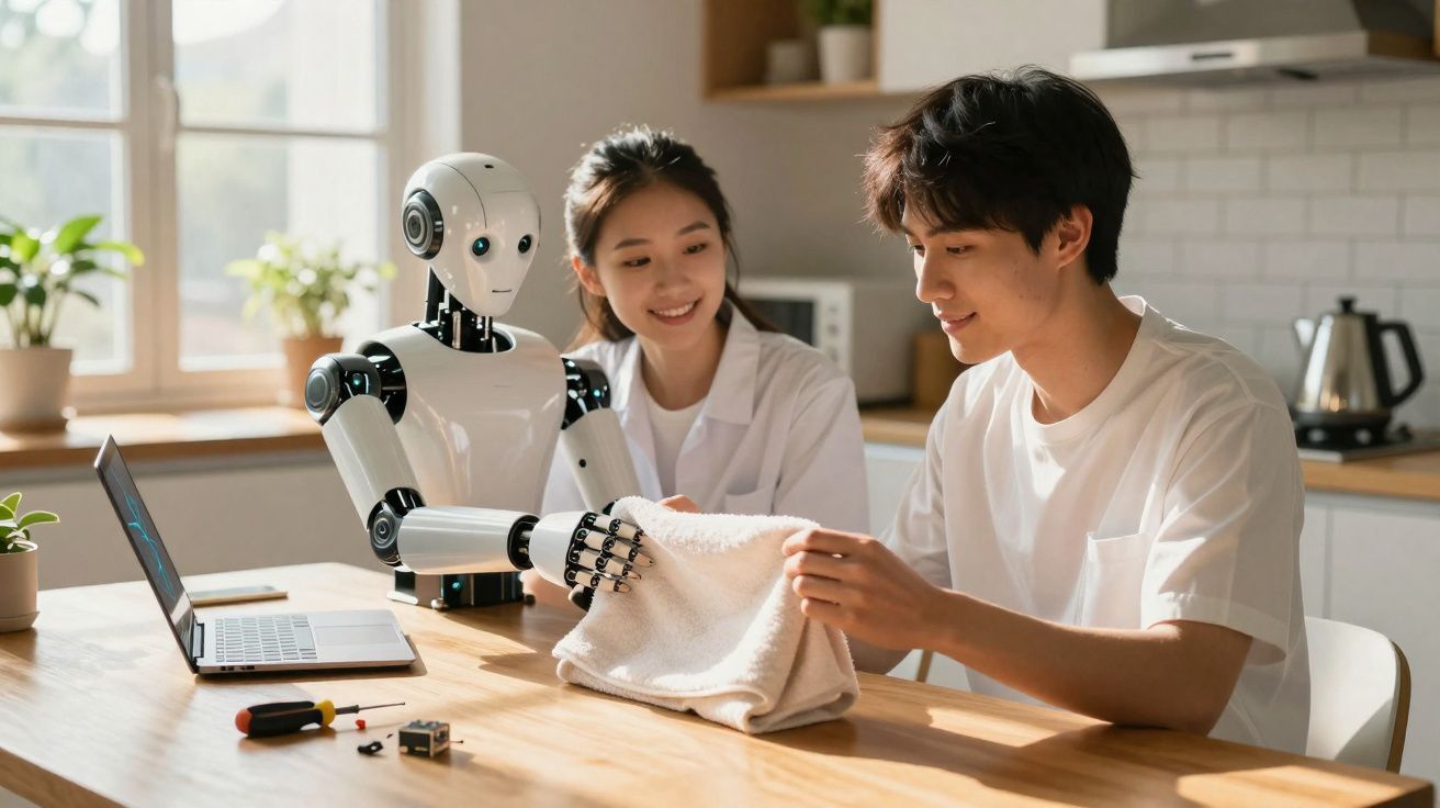 Dois jovens interagem com um robô humanoide numa mesa com computador portátil e ferramentas.