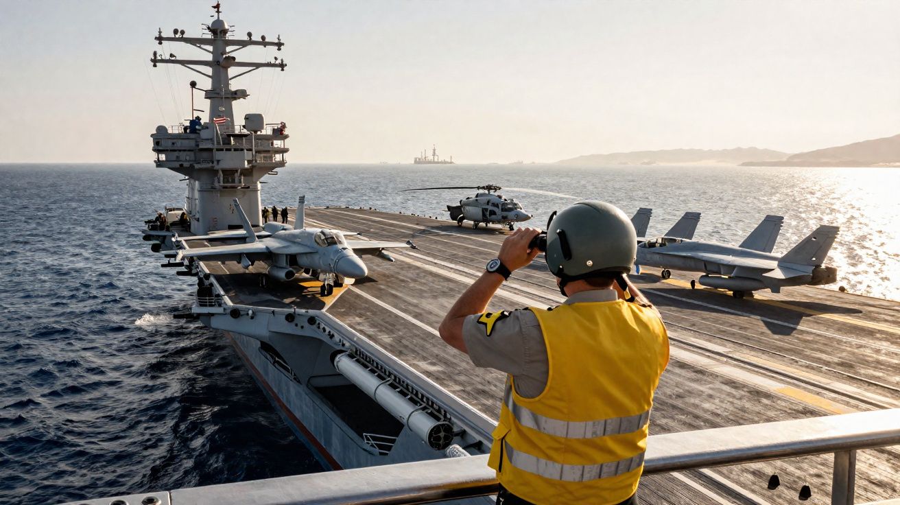Homem de colete amarelo e capacete observa porta-aviões com aviões militares no convés ao pôr do sol.