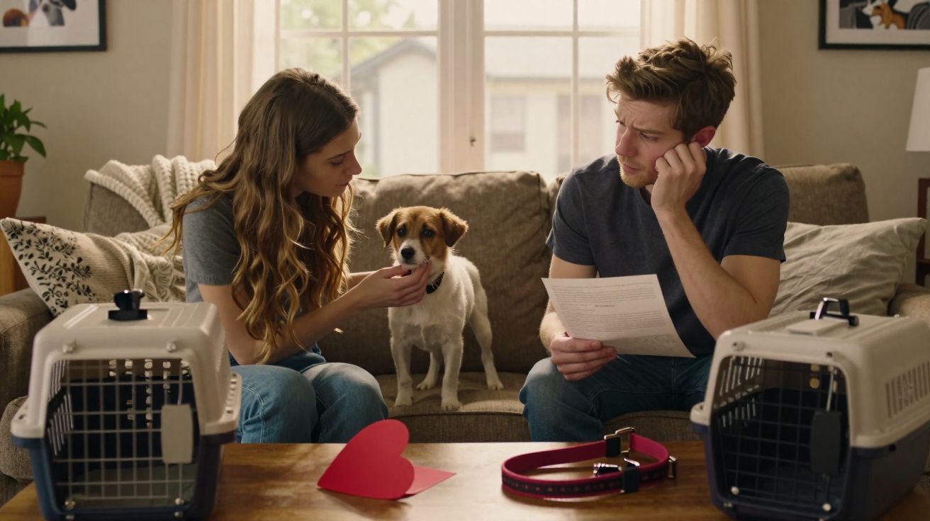 Casal sentado no sofá com cão entre duas transportadoras, olhando documentos na sala de estar.