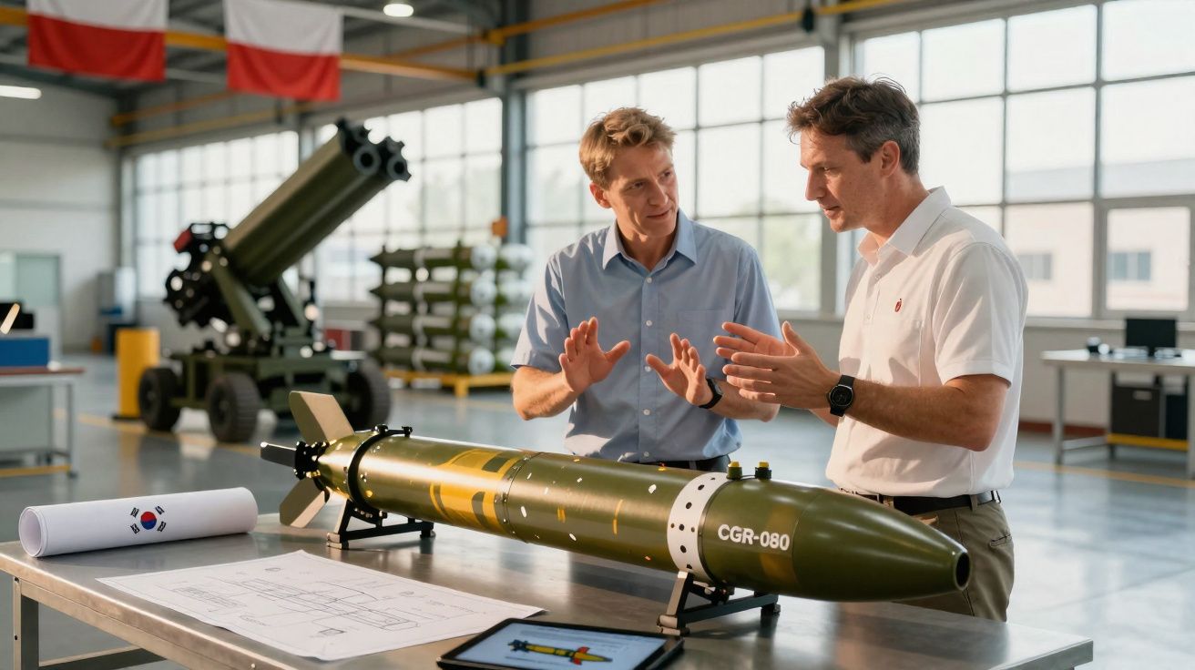 Dois engenheiros discutem projeto de um torpedo CGR-080 numa fábrica militar moderna.