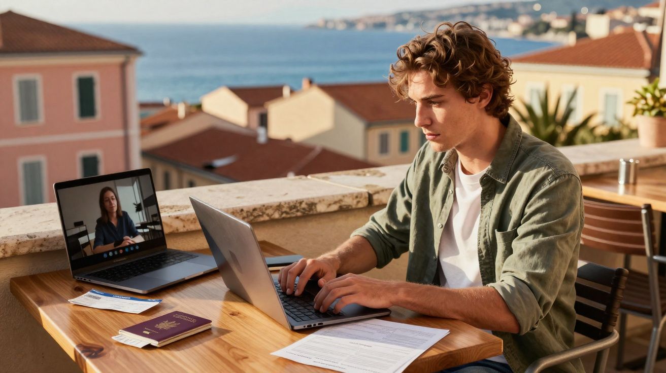Jovem trabalhando num computador ao ar livre, com vídeo chamada no portátil aberto e passaporte e documentos na mesa.