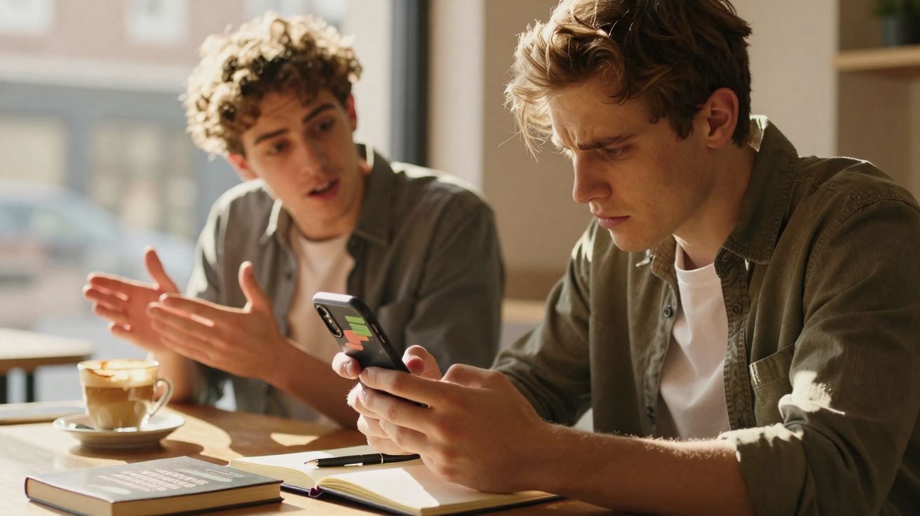 Dois jovens sentados numa mesa de café, um fala enquanto o outro olha preocupado para o telemóvel.