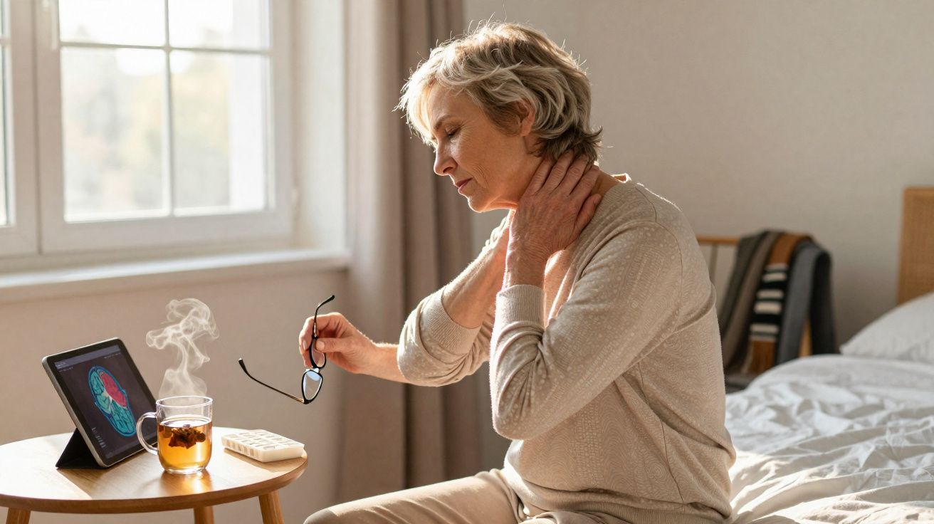 Mulher sentada na cama a massagear o pescoço, olhando para imagem de cérebro num tablet.