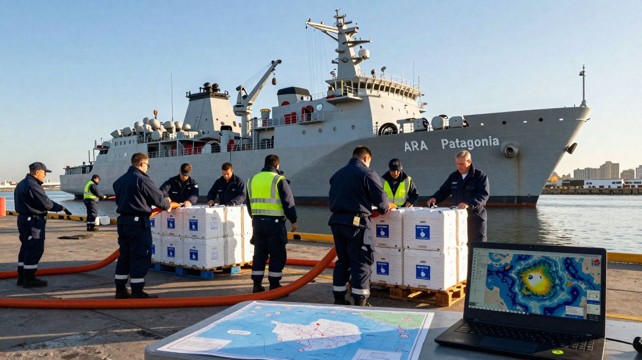 Equipa naval a descarregar caixas junto ao navio ARA Patagonia num porto ao amanhecer.