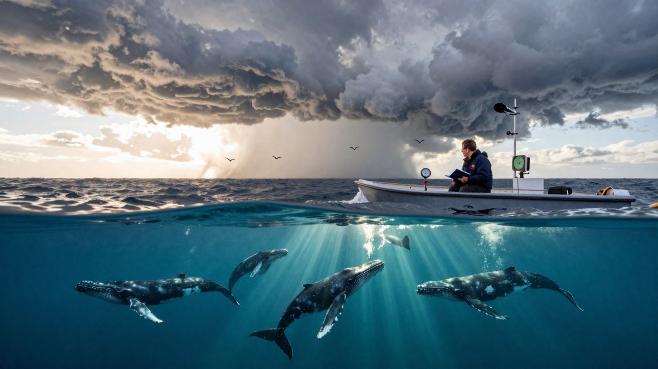 Homem numa pequena embarcação observa quatro baleias sob águas com céu nublado e chuva à distância.