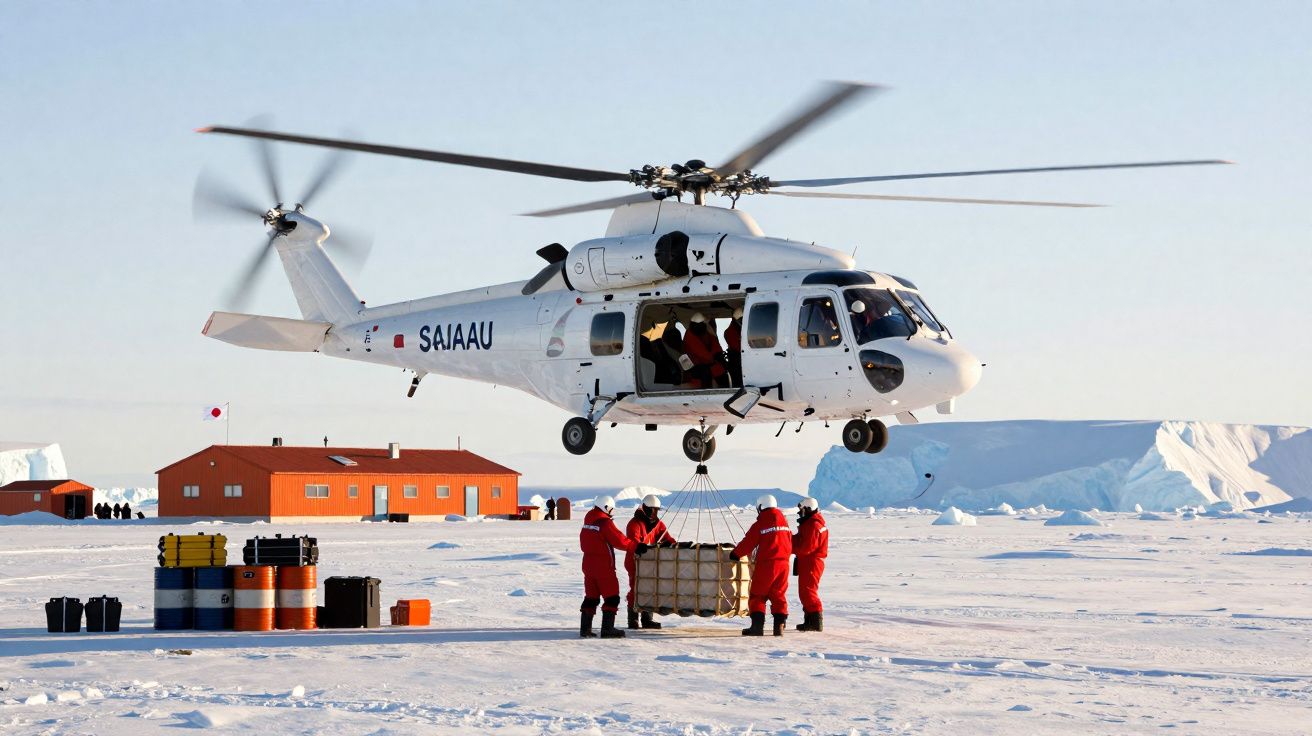 Helicóptero branco a transportar carga com pessoas vestidas de vermelho em ambiente gelado com edifícios laranja ao fundo.