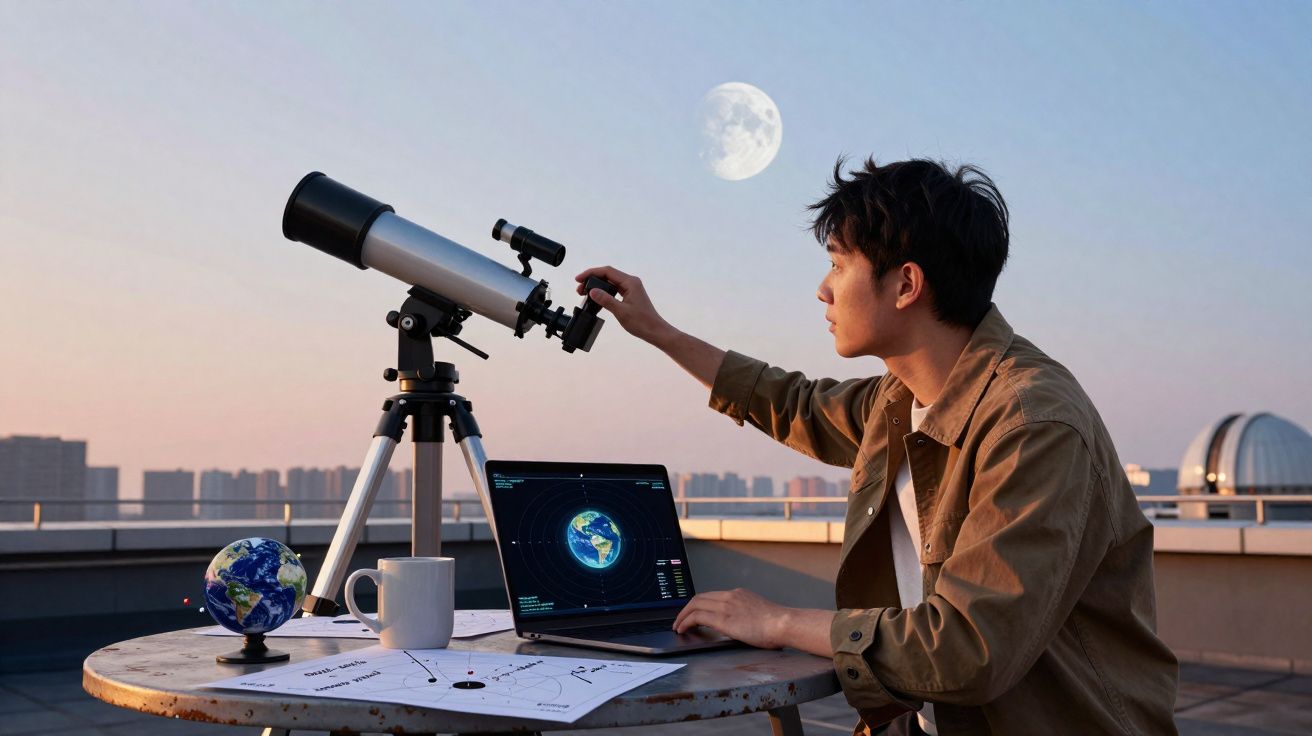 Jovem observa a lua através de um telescópio com laptop e globo terrestre numa mesa ao ar livre ao entardecer.
