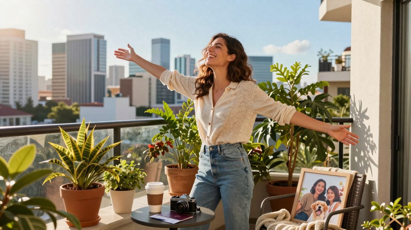 Mulher sorridente de braços abertos numa varanda com plantas e vista para cidade ao amanhecer.