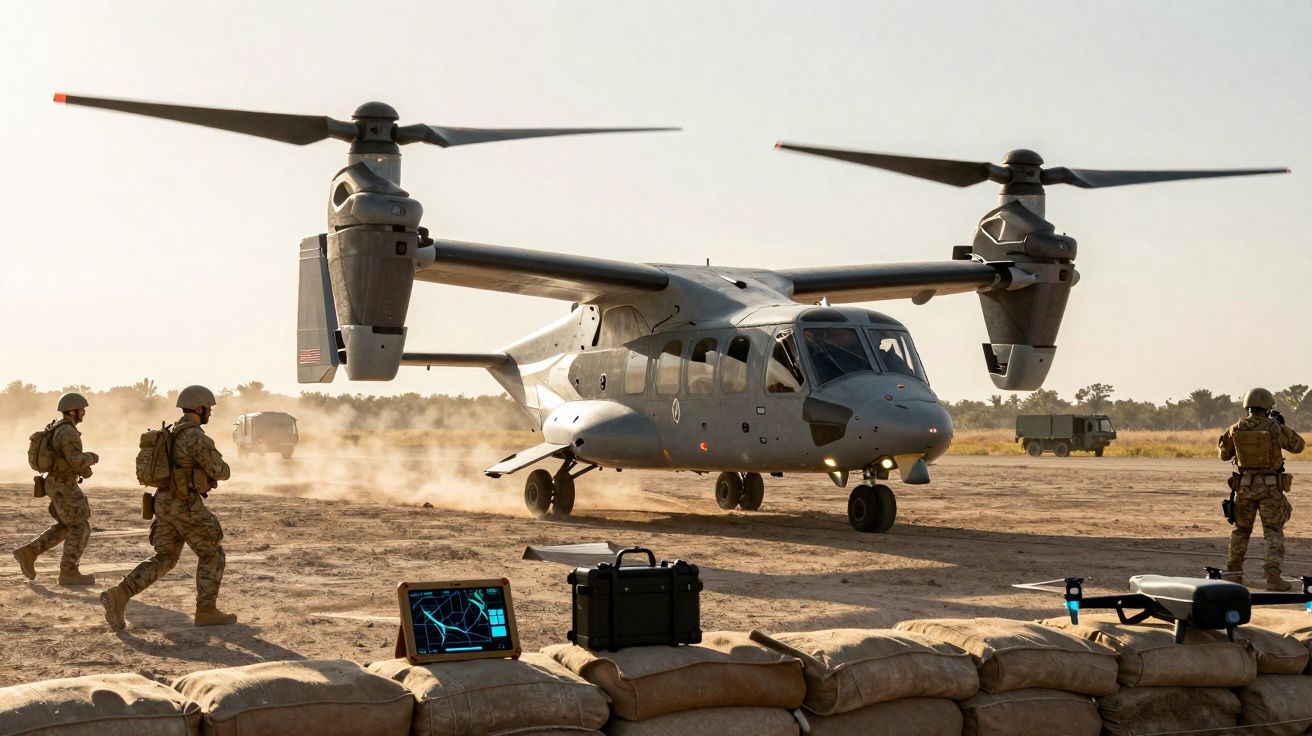 Veículo aéreo militar VTOL em terra, com soldados e equipamento tecnológico em acampamento desértico.