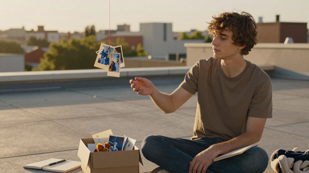 Jovem sentado no chão de um terraço, segurando fotografias penduradas enquanto olha para elas.