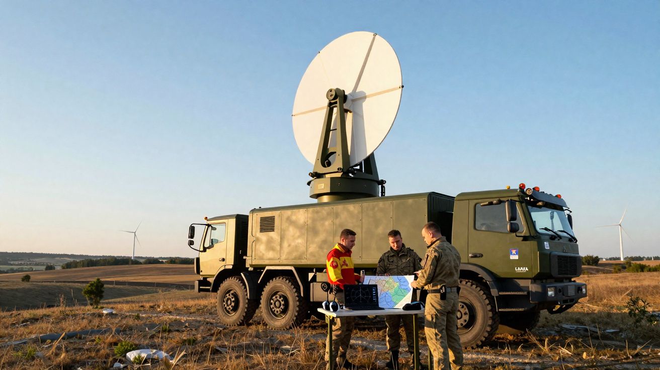 Três soldados em uniforme analisam mapas junto a camião militar equipado com antena parabólica em campo aberto.