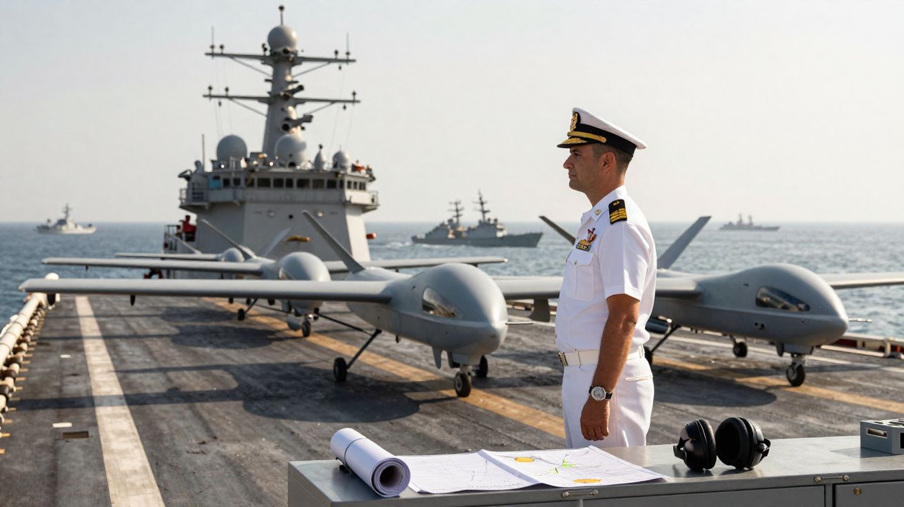 Oficial naval em uniforme branco numa plataforma com drones militares e navios ao fundo no mar.
